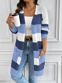 Vionelle Versatile Commute Striped Colorblock Plus Size Cardigan Sweater - Multicolor - View 4
