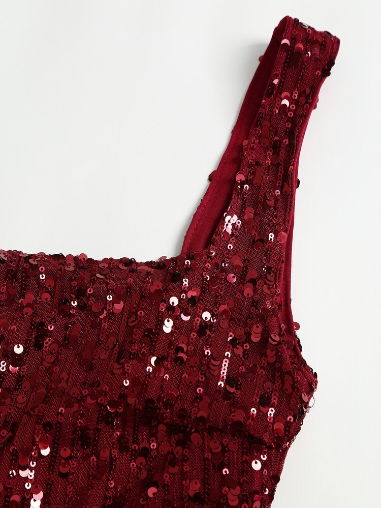Sweetra Fashionable Hot Girl Exquisite Silver Sequin Square Neck Cinched Waist Unique Sexy Back Tie Design Summer Party Banquet New Sexy French Style Elegant Design Women's Short Dress - Red - View 5