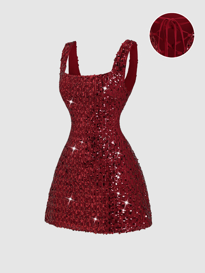 Sweetra Fashionable Hot Girl Exquisite Silver Sequin Square Neck Cinched Waist Unique Sexy Back Tie Design Summer Party Banquet New Sexy French Style Elegant Design Women's Short Dress
