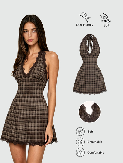 Sweetra Fashionable V-Neck Contrast Lace Design Sleeveless A-Line Dress, Elegant And Versatile For Work And Casual Wear, Spring/Summer New Arrival