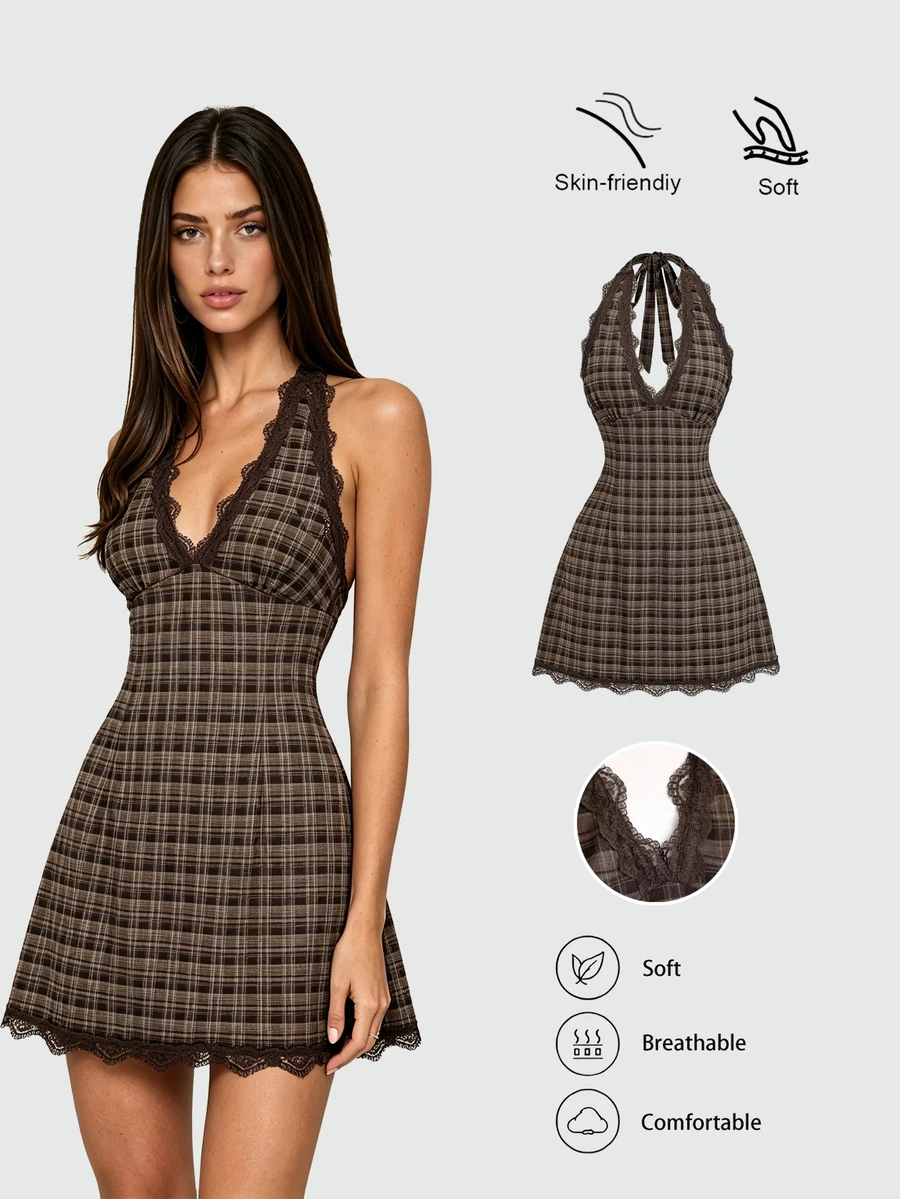 Sweetra Fashionable V-Neck Contrast Lace Design Sleeveless A-Line Dress, Elegant And Versatile For Work And Casual Wear, Spring/Summer New Arrival - Brown - View 1
