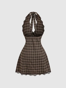 Sweetra Fashionable V-Neck Contrast Lace Design Sleeveless A-Line Dress, Elegant And Versatile For Work And Casual Wear, Spring/Summer New Arrival - Brown - View 3