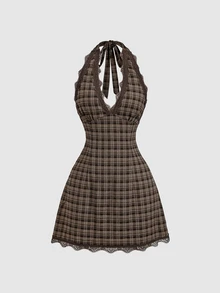 Sweetra Fashionable V-Neck Contrast Lace Design Sleeveless A-Line Dress, Elegant And Versatile For Work And Casual Wear, Spring/Summer New Arrival - Brown - View 1