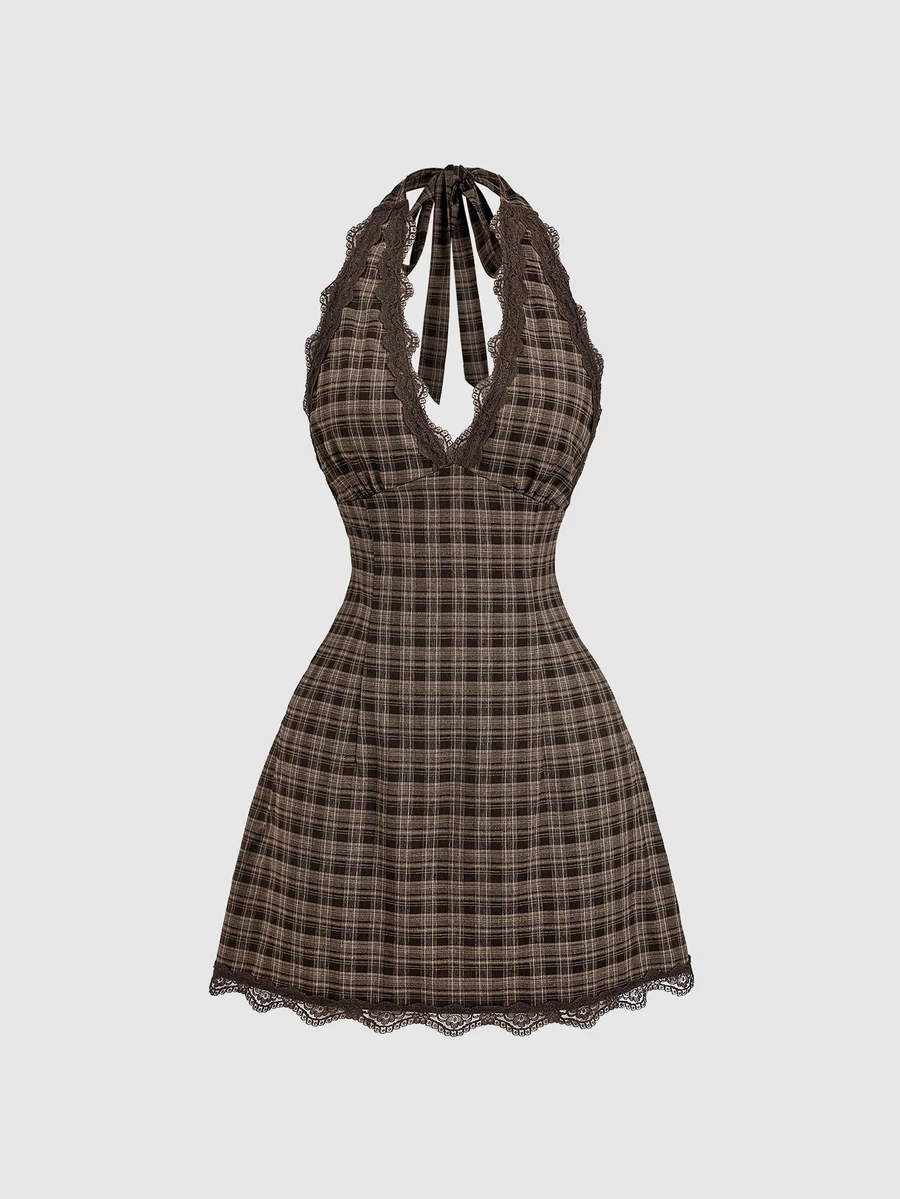 Sweetra Fashionable V-Neck Contrast Lace Design Sleeveless A-Line Dress, Elegant And Versatile For Work And Casual Wear, Spring/Summer New Arrival - Brown - View 1