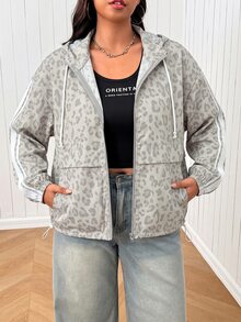 SHEIN EZwear 女款大尺碼條紋拼接袖抽繩連帽豹紋夾克外套 秋季 - 彩色 - 查看 4