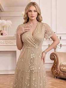 Amorya Women's Exquisite Luxury Embroidered V-Neck Dress - Apricot - View 7