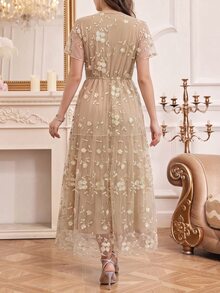 Amorya Women's Exquisite Luxury Embroidered V-Neck Dress - Apricot - View 3