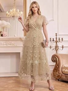 Amorya Women's Exquisite Luxury Embroidered V-Neck Dress - Apricot - View 9
