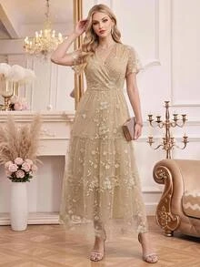 Amorya Women's Exquisite Luxury Embroidered V-Neck Dress - Apricot - View 2
