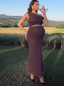 MaterniChic Maternity Polka Dot Print Asymmetrical Shoulder Drawstring Top And Adjustable Waist Fishtail Skirt Elegant 2-Piece Set - Brown - View 4