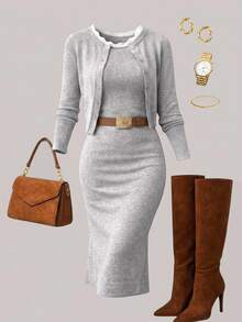 SHEIN Clasi Cardigan Sweater And Fitted Dress, Elegant French And Comfortable Knitwear 2 Pieces Set Brunch Office Light Grey Fall - Grey - View 4