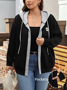 Comfylo Plus Drop Shoulder Drawstring Sweatshirt For Spring Fall Travel Outfit Airport Brunch Vacation Black Casual Sport - Black - View 4