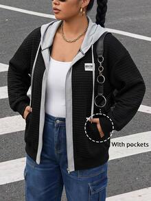 Comfylo Plus Drop Shoulder Drawstring Sweatshirt For Spring Fall Travel Outfit Airport Brunch Vacation Black Casual Sport - Black - View 2