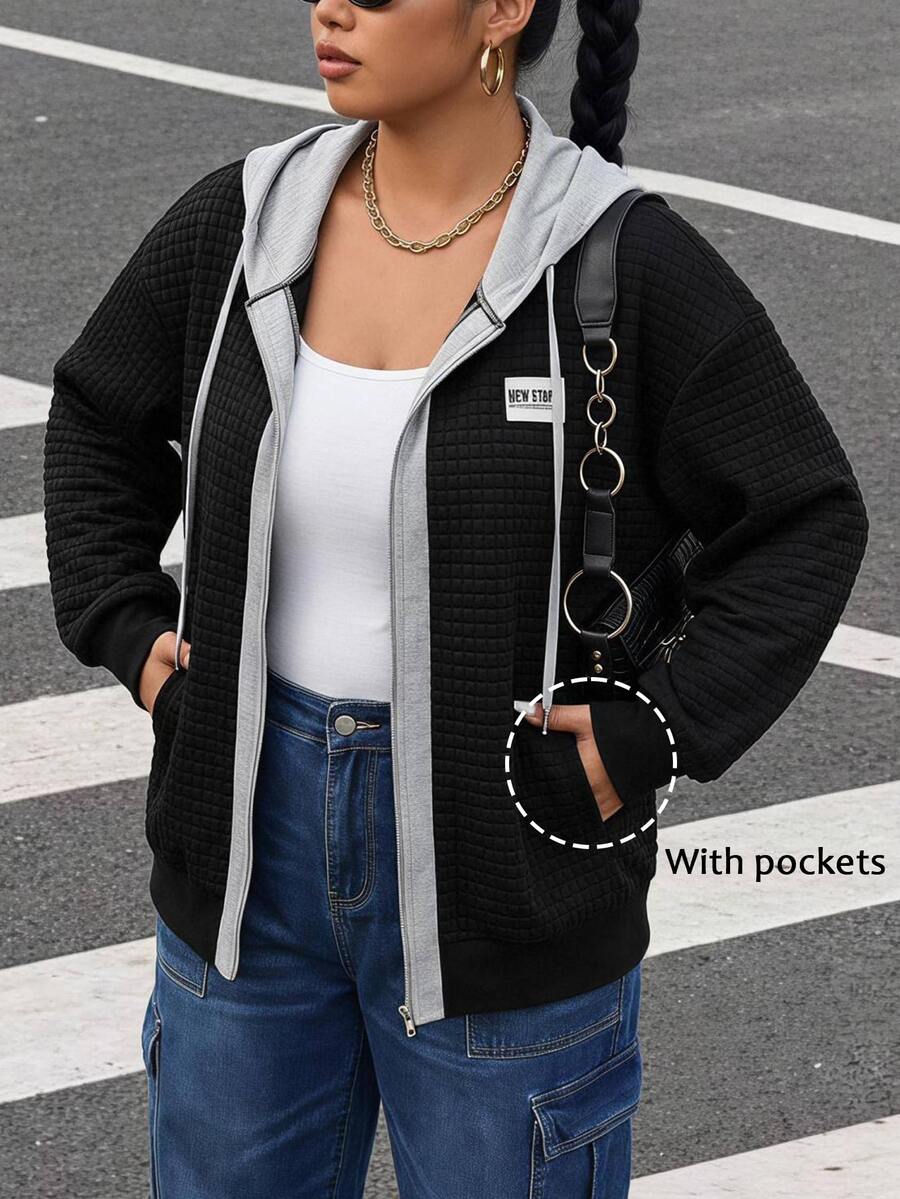 Comfylo Plus Drop Shoulder Drawstring Sweatshirt For Spring Fall Travel Outfit Airport Brunch Vacation Black Casual Sport