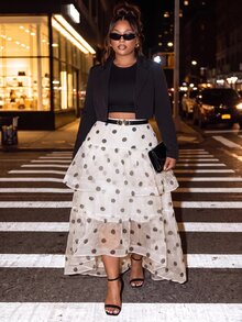 Slaydiva White Background Black Polka Dot Multi-Layer Ruffle Asymmetrical Hem Plus Size Skirt - Apricot - View 5