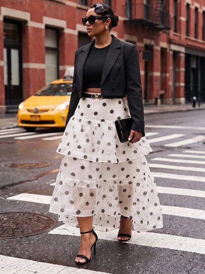 Slaydiva White Background Black Polka Dot Multi-Layer Ruffle Asymmetrical Hem Plus Size Skirt