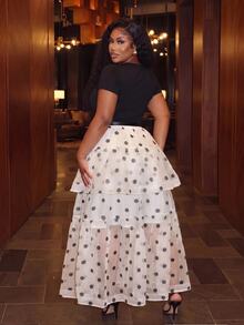 Slaydiva White Background Black Polka Dot Multi-Layer Ruffle Asymmetrical Hem Plus Size Skirt - Apricot - View 3