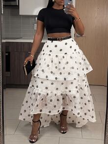 Slaydiva White Background Black Polka Dot Multi-Layer Ruffle Asymmetrical Hem Plus Size Skirt - Apricot - View 7