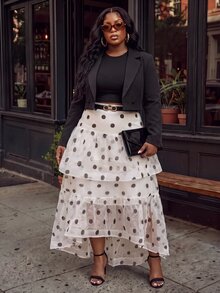 Slaydiva White Background Black Polka Dot Multi-Layer Ruffle Asymmetrical Hem Plus Size Skirt - Apricot - View 8