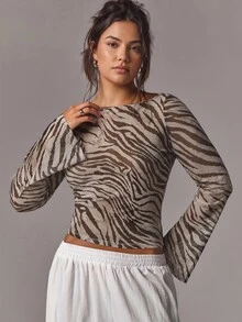 SHEIN PETITE CURVE Plus Size Women Sexy Elegant Fashion Leopard Print Long Sleeve Top Fall Going Out Night - Brown - View 6