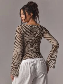 SHEIN PETITE CURVE Plus Size Women Sexy Elegant Fashion Leopard Print Long Sleeve Top Fall Going Out Night - Brown - View 8