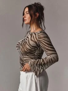 SHEIN PETITE CURVE Plus Size Women Sexy Elegant Fashion Leopard Print Long Sleeve Top Fall Going Out Night - Brown - View 4