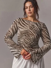 SHEIN PETITE CURVE Plus Size Women Sexy Elegant Fashion Leopard Print Long Sleeve Top Fall Going Out Night - Brown - View 5