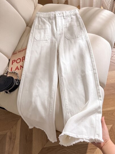 SHEIN Pantalones largos blancos de pierna ancha versátiles para todas las estaciones para niñas preadolescentes, cintura alta con bolsillos de parche y diseño de dobladillo crudo, pantalones casuales de pierna recta para uso diario, escuela y OOTD