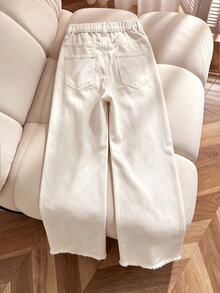 SHEIN Tween Girls Versatile All-Season White Wide Leg Long Pants, High Waist With Patch Pockets And Raw Hem Design, Casual Straight Leg Pants For Daily Wear, School And OOTD - White - View 2