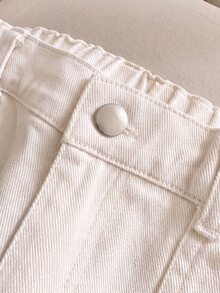 SHEIN Tween Girls Versatile All-Season White Wide Leg Long Pants, High Waist With Patch Pockets And Raw Hem Design, Casual Straight Leg Pants For Daily Wear, School And OOTD - White - View 5