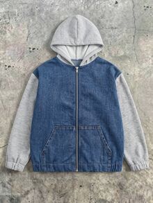 SHEIN Genkimix Kids Tween Boys' Clothes Spring,Autumn,Fall,And Winter Stylish & Loose-Fit Color-Block Knit Zip-Up Cardigan / Loose-Fit Denim Jacket (100% Cotton) - Medium Wash - View 5