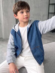 SHEIN Genkimix Kids Tween Boys' Clothes Spring,Autumn,Fall,And Winter Stylish & Loose-Fit Color-Block Knit Zip-Up Cardigan / Loose-Fit Denim Jacket (100% Cotton) - Medium Wash - View 3