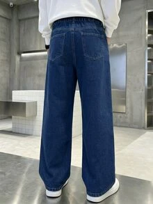 SHEIN 男童牛仔長褲 秋季新品 深藍色 直筒寬鬆版型 輕量柔軟牛仔布 休閒街頭風 校園生日穿搭 - 深色水洗藍 - 查看 3