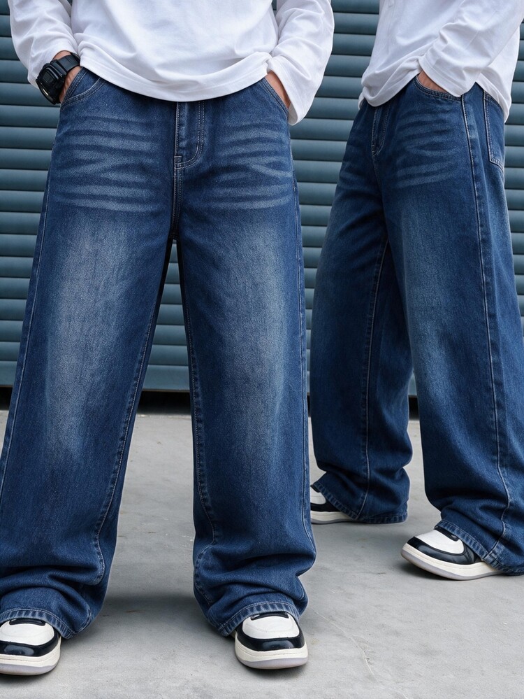 SHEIN Genkimix Kids Boys' Denim Jeans. Autumn/Winter New Arrival. Deep Blue. Straight Loose Fit. Made Of Lightweight And Soft Denim Fabric For Comfortable Wear, A Must-Have For Boys, Simple And Casual Suitable For All Seasons. Suitable For Daily Photography, Shopping, Outings, Parties And More Scenarios. 2026 New Arrival Boys' Denim Jeans - Dark Wash - View 2
