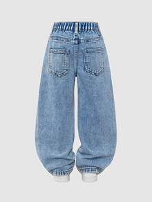 Toddler Casual Cute Style Loose Wide Leg Denim Jeans With Sweet Bow, Comfortable Daily Playwear Long Pants - Medium Wash - View 2
