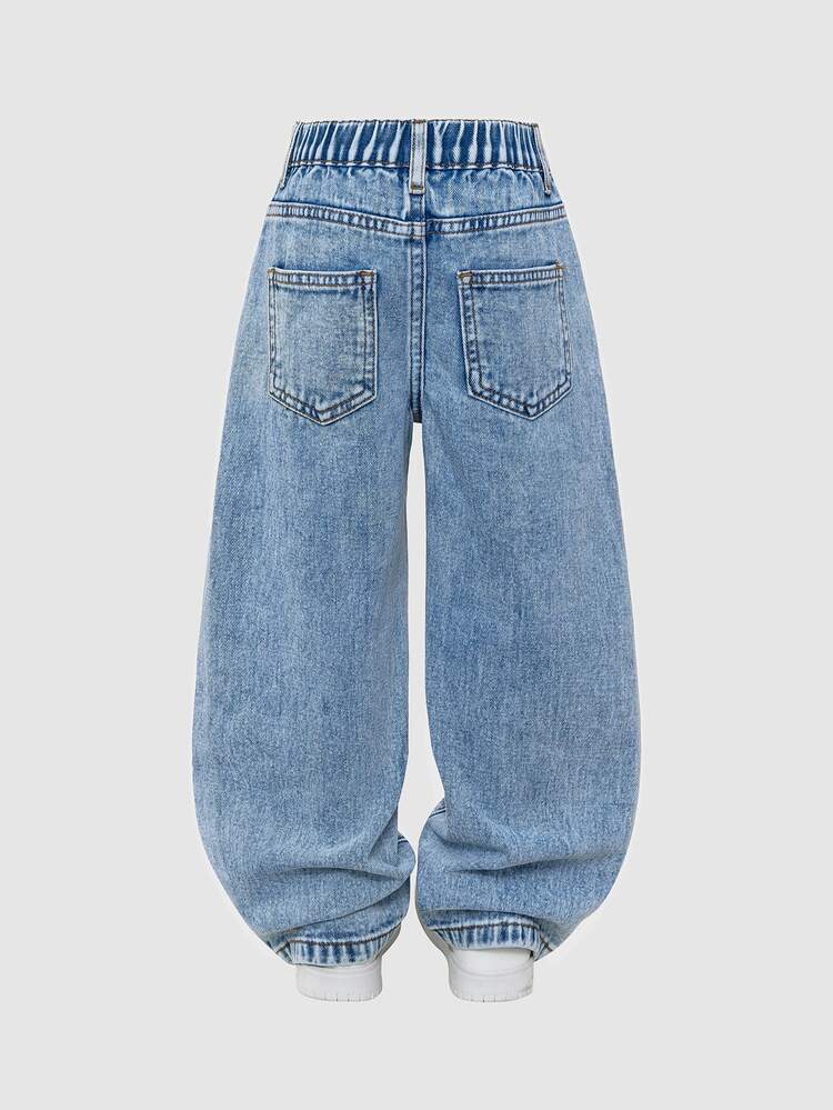 Toddler Casual Cute Style Loose Wide Leg Denim Jeans With Sweet Bow, Comfortable Daily Playwear Long Pants - Medium Wash - View 2