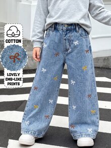 Toddler Casual Cute Style Loose Wide Leg Denim Jeans With Sweet Bow, Comfortable Daily Playwear Long Pants - Medium Wash - View 3