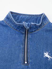 Boys' Casual Versatile Denim 2 Pieces Set, Loose Fit Snug Fit Stand Collar Zip-Up Half-Cardigan Jacket And Straight Leg Jeans, Horse Embroidery, Complete Outfit - Blue - View 5