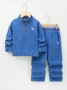 Boys' Casual Versatile Denim 2 Pieces Set, Loose Fit Snug Fit Stand Collar Zip-Up Half-Cardigan Jacket And Straight Leg Jeans, Horse Embroidery, Complete Outfit - Blue - View 1