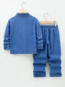 Boys' Casual Versatile Denim 2 Pieces Set, Loose Fit Snug Fit Stand Collar Zip-Up Half-Cardigan Jacket And Straight Leg Jeans, Horse Embroidery, Complete Outfit - Blue - View 2
