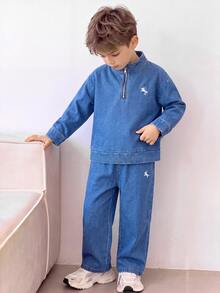 Boys' Casual Versatile Denim 2 Pieces Set, Loose Fit Snug Fit Stand Collar Zip-Up Half-Cardigan Jacket And Straight Leg Jeans, Horse Embroidery, Complete Outfit - Blue - View 3
