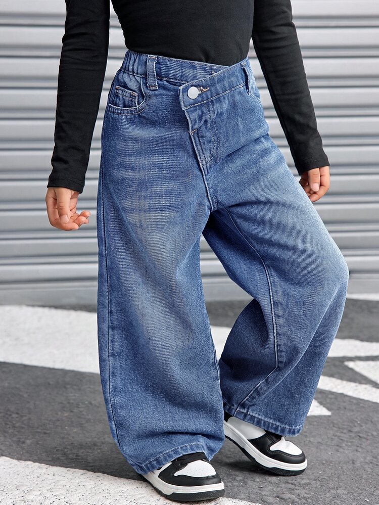 SHEIN Explorewe Jeans de mezclilla rectos azules versátiles de moda casual para niñas, otoño e invierno - Azul lavado medio - Añade 5