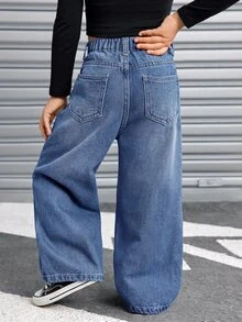 SHEIN Explorewe 女童時尚休閒藍色直筒牛仔褲 秋冬款 - 中等水洗藍 - 查看 4