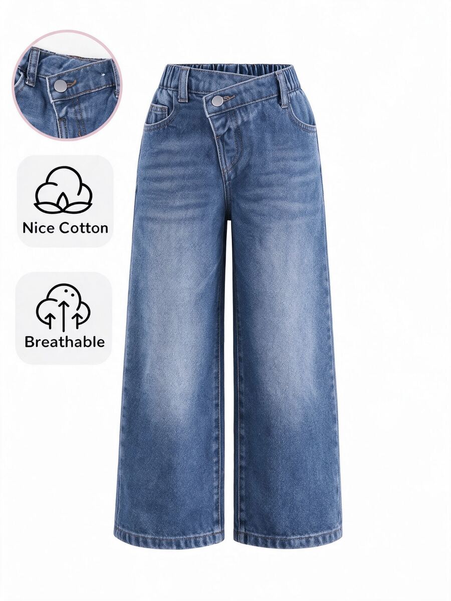 SHEIN Explorewe 女童時尚休閒藍色直筒牛仔褲 秋冬款 - 中等水洗藍 - 查看 1
