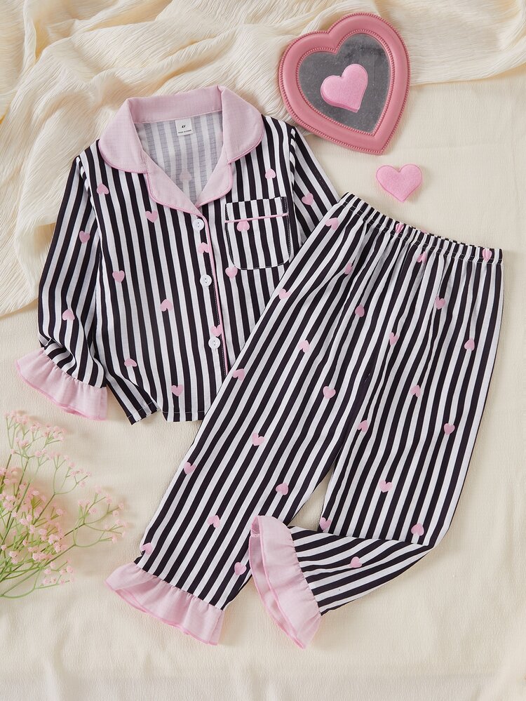 SHEIN طقم بيجامة للبنات الصغيرات بتصميم قلب وخطوط، ملابس علوية بأكمام طويلة وجيب وأزرار أمامية مع بنطال - متعدد الألوان - مشاهدة 6