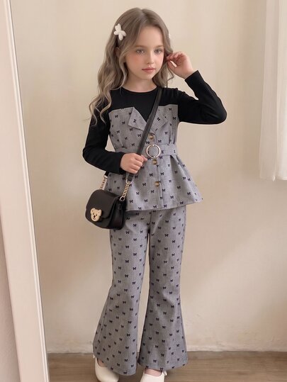 SHEIN Elladie kids 2pcs Tween Girl Casual Western Plaid Zip Up Long Sleeve Round Neck Loose Wide Leg Long Grey Pants Outfit Set Back To School Daily Autumn Family