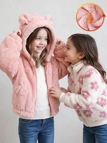 SHEIN 女童可愛加厚抓絨連帽外套 1件裝，粉色蝴蝶結雙面抓絨布料搭配熊耳裝飾，長袖拉鍊夾克，柔軟舒適，甜美可愛，適合女童日常上學、外出、度假、派對，秋冬返校穿著 - 粉色 - 查看 3