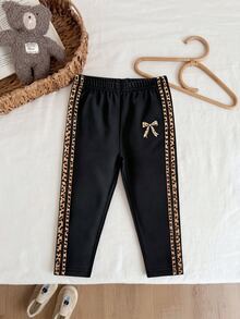 Baby Girl Versatile Elastic Waist Leggings/Pants/Tights, Leopard Print Bow Pattern, Sweet & Cool Leopard Digital Print Pattern, Comfortable And Versatile Pants, Autumn/Winter Cozy Vibes, Fall Vibes - Multicolor - View 2