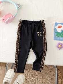Baby Girl Versatile Elastic Waist Leggings/Pants/Tights, Leopard Print Bow Pattern, Sweet & Cool Leopard Digital Print Pattern, Comfortable And Versatile Pants, Autumn/Winter Cozy Vibes, Fall Vibes - Multicolor - View 3