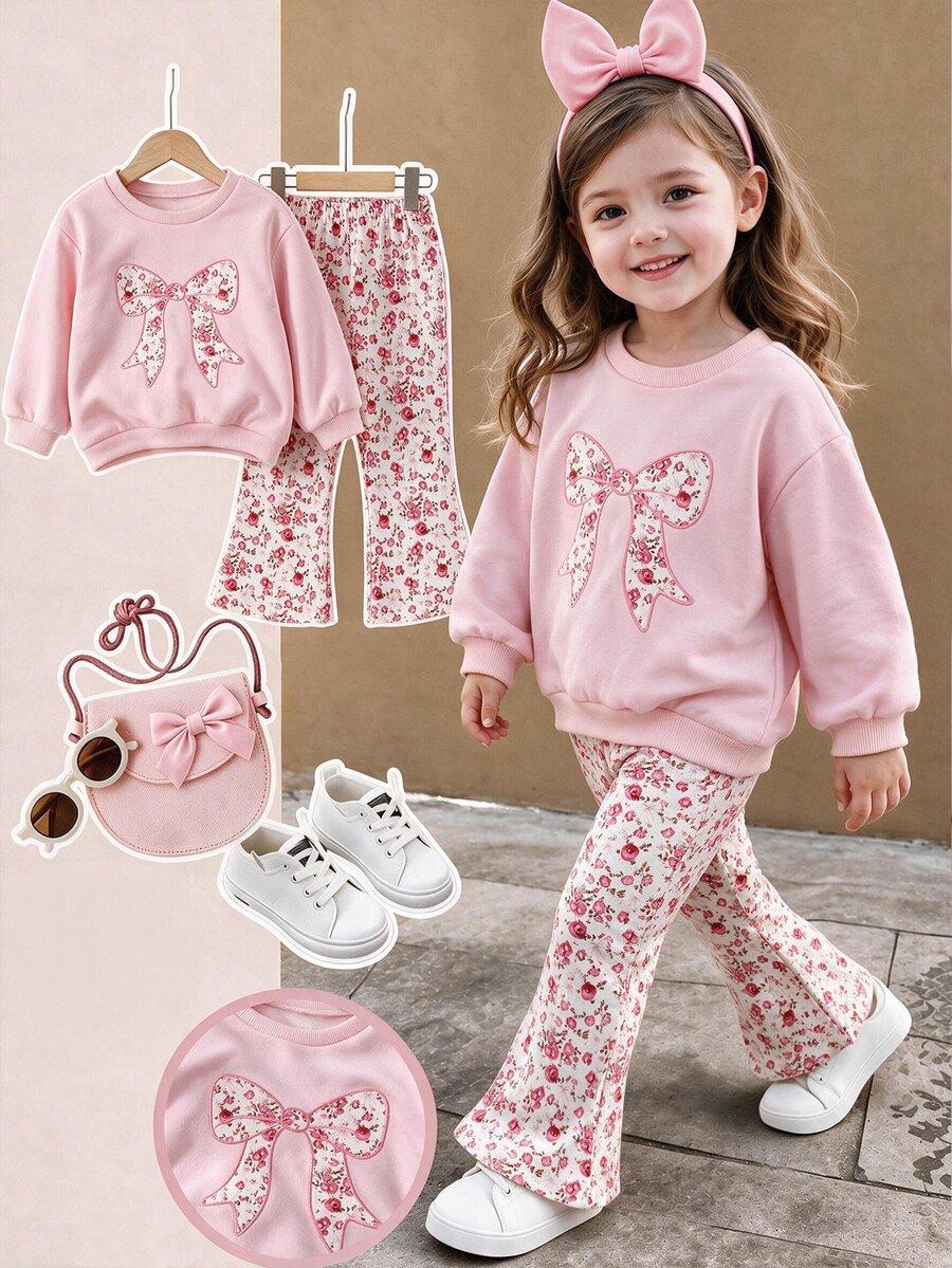 Young Girls Fall Style Floral Bow Print Sweatshirt Flare Pants Matching Set, Sweet Casual, Birthday Daily Wear Autumn Outfit - Multicolor - View 1